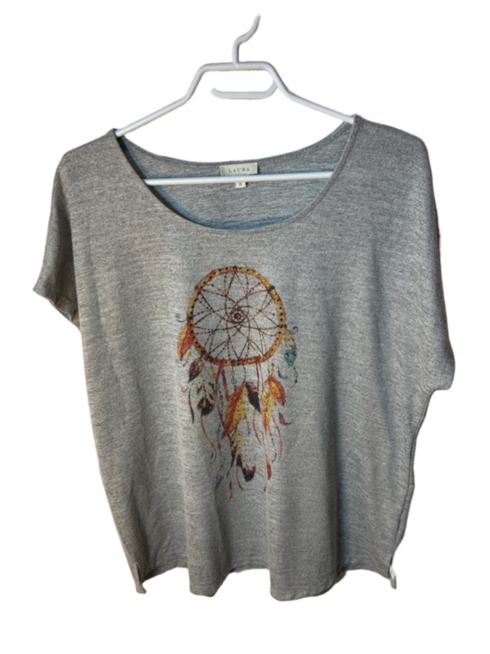 Laura Heather Gray Short-Sleeve Top with Colorful Dreamcatcher Size XL